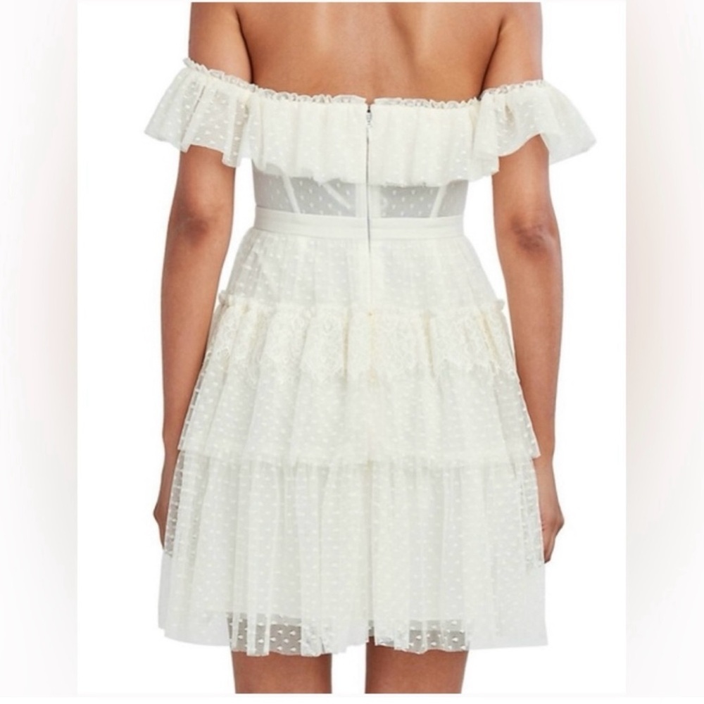 BCBGMaxazria White Off-The-Shoulder
Corset Minidress Gardenia Polka